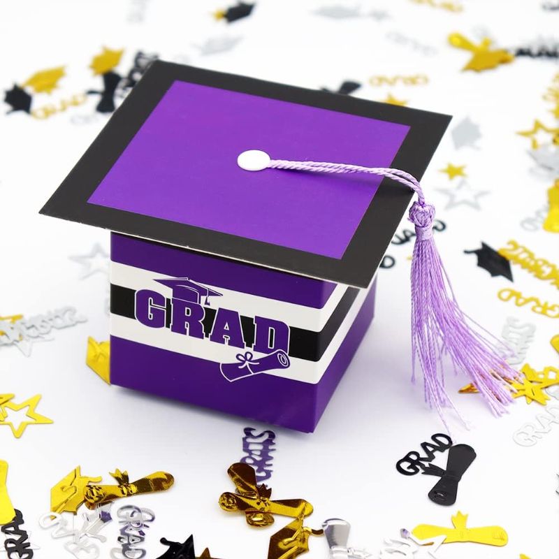 Photo 1 of SDKI 60Pcs Purple White Graduation Cap Candy Boxes Congrats Grad Graduation Gift Boxes for Graduation Party Favors Boxes 2022 Graduation Party Supplies Decorations

