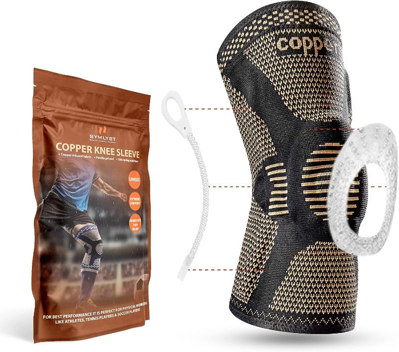Photo 1 of SYMLYST Copper Knee Brace for knee pain, Compression knee Sleeve with Side Spring Stabilizer and Patella Gel knee Pad, Support for Fitness, Sports, Arthritis Pain & Injury Recovery, Men & Women, Single
