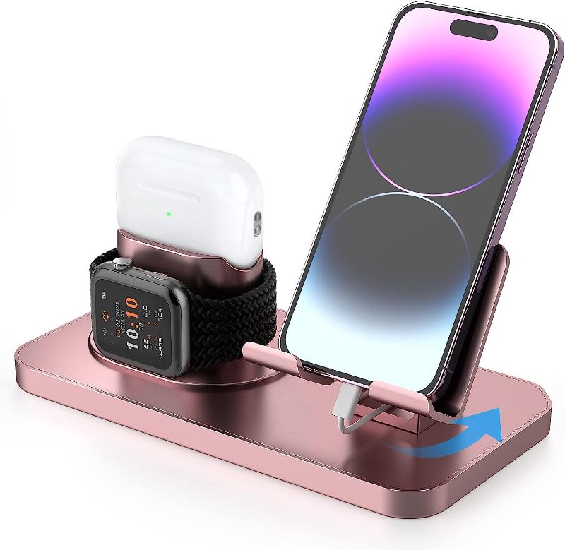 Photo 1 of 180°Rotation Phone Charger Stand Holder?3in1 Charger Dock, Charging Stand for iPhone/Apple Watch/Airpods/ipad and Most Smartphones (Rose Gold)
