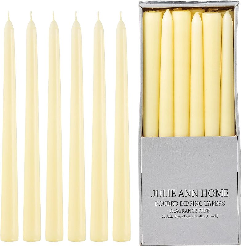 Photo 1 of Unscented Taper Candles for Home – 10 Inch Tall Clean Burning Candlesticks | Perfect for Weddings, Parties, Home Décor | Ivory | 12 Pack
