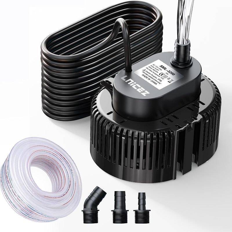 Photo 1 of Lnicez Sump Pump - ?????? Ultra-quiet - Submersible Water Pump, Pool Cover Pump, Sump Pump for Pool Draining with ???? Drainage Hose, Upgraded ???? Thicker Power Cable and 3 Adapters
