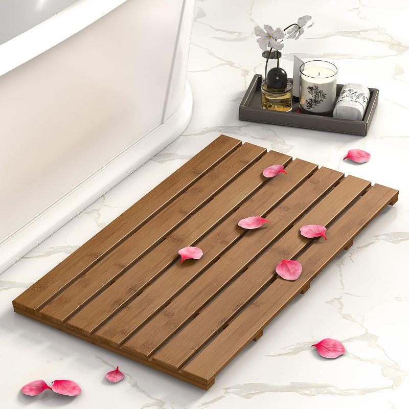 Photo 1 of Domax Wooden Bamboo Bath Shower Mat- Non-Slip Waterproof Large Bathroom Floor Mat for Indoor Outdoor (Walnut, 31.3 x 18.1 x 1.5 Inches)
