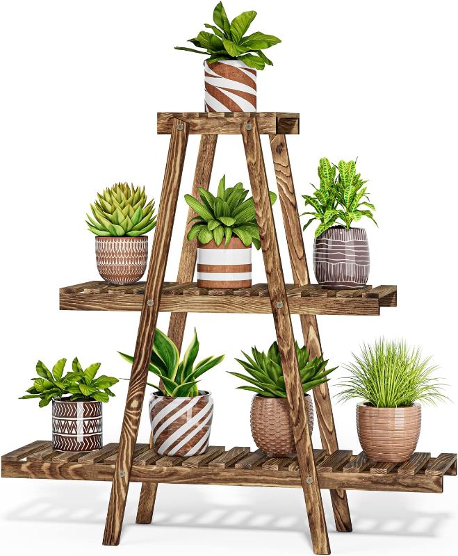 Photo 1 of 3 Tier Wood Plant Stand, Ladder Plant Stand Tiered Plant Shelf for Multiple Plants, Indoor & Outdoor Flower Pots Brown