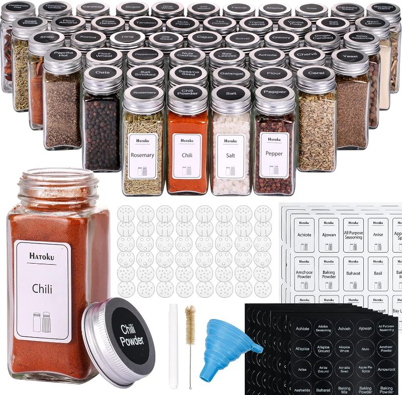 Photo 1 of HATOKU Glass Spice Jars 48pcs Empty Square Spice Bottles, 4oz Seasoning Containers with 400 Labels, Spice Containers with Shaker Lids and Silicone Collapsible Funnel, Brush
