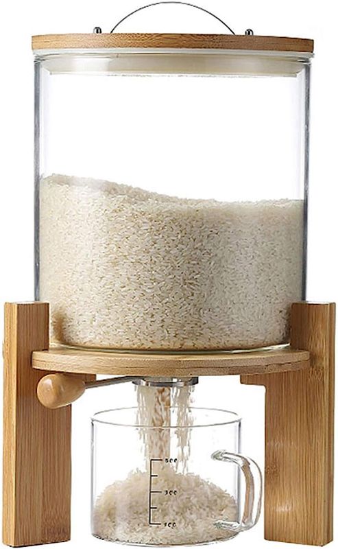 Photo 1 of Flour and Cereal Container, Rice Dispenser 5L/8L, Creative Glass Food Storge Container for Kitchen Organization and Pantry Store, Airtight Lid and Wooden Stand5L
