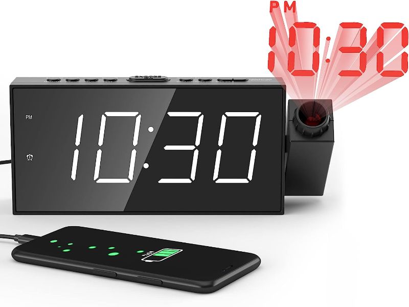 Photo 1 of Projection Digital Alarm Clock for Ceiling,Wall,Bedroom - FM Radio,7” Large Number & 5 Dimmers,350°Projector,USB Charger,Sleep Timer,Plug in & Battery Backup,Loud Dual Alarm Clock for Heavy Sleepers
