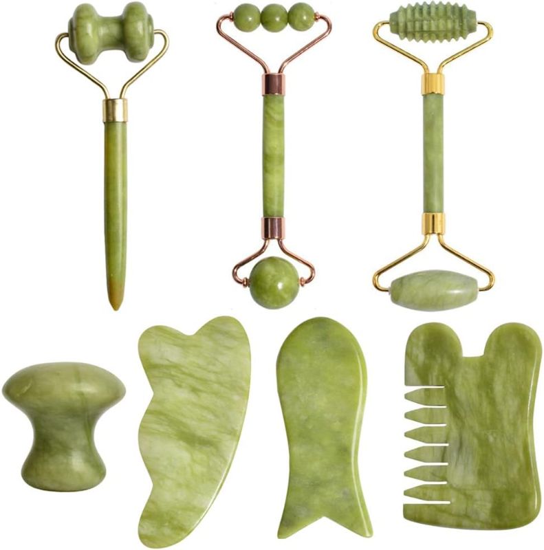 Photo 1 of 7pcs Natural Jade Gua Sha Facial Tools, Gua Sha Stone, Gua Sha Tools for Face, Gua Sha Roller, Face Roller Jade Roller, Anti Wrinkle Face Massager
