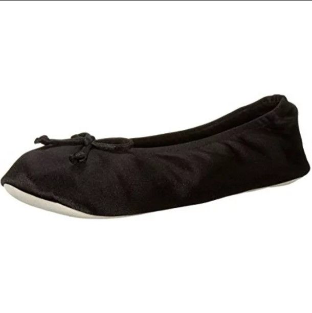 Photo 1 of Isotoner Women's Satin Ballerina Slipper with Bow, Suede Sole, Black Size S