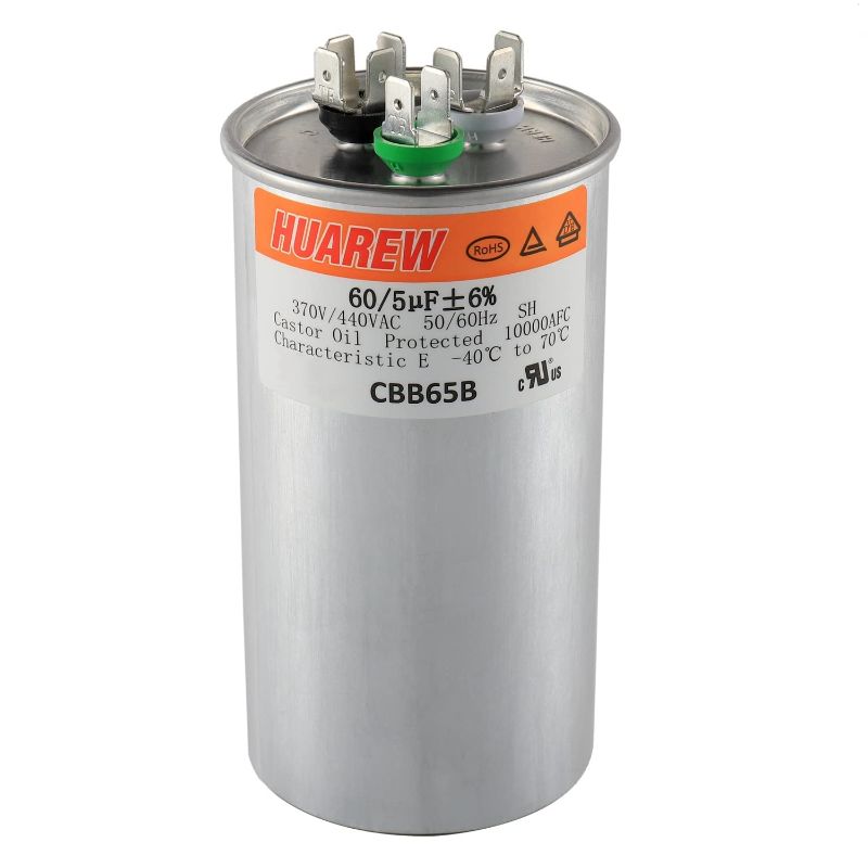 Photo 1 of HUAREW 60+5 uF ±6% 60/5 MFD 370/440 VAC CBB65 Dual Run Start Round Capacitor for Condenser Straight Cool or Heat Pump Air Conditioner or AC Motor and Fan Starting
