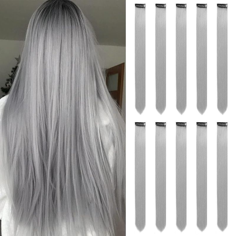 Photo 1 of MEckily 22 inch Colored Grey Hair Extensions Clip in Kid's Party Highlights, Grey Accessories Hairpiece Straight for Girls Women (10 Pcs Grey)
