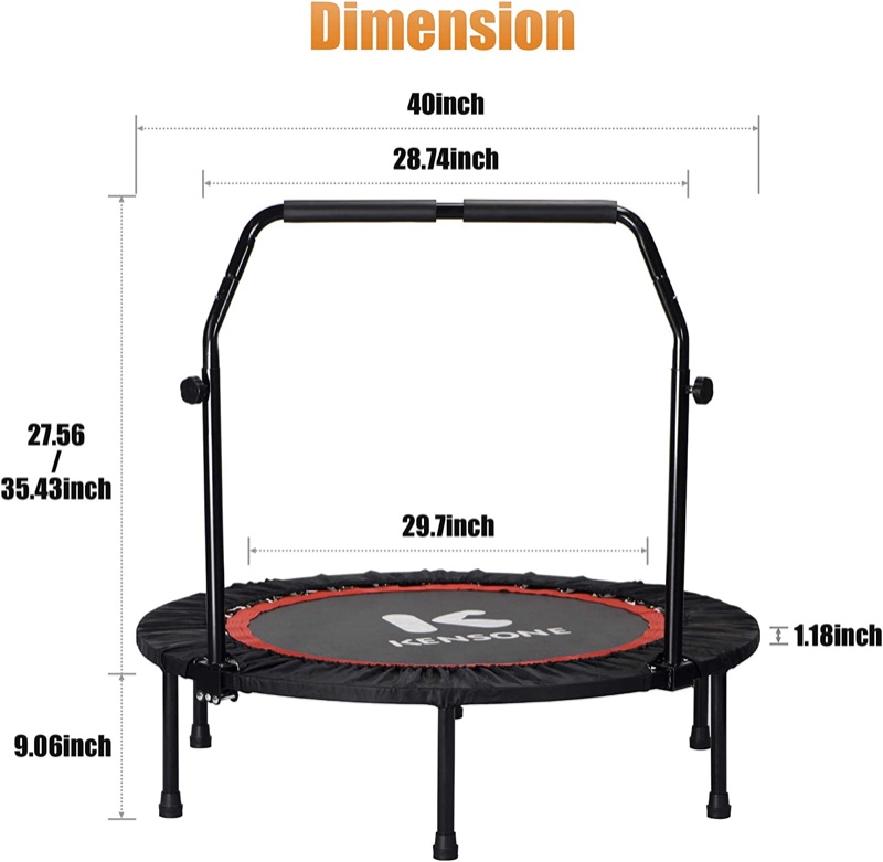 Photo 2 of KENSONE 40"/48" Foldable Mini Trampoline, Indoor Trampoline for Kids, Adults Indoor/Garden Workout, Fitness Rebounder with Adjustable Foam Handle, Max Load 330/450 lbs 40 inch black