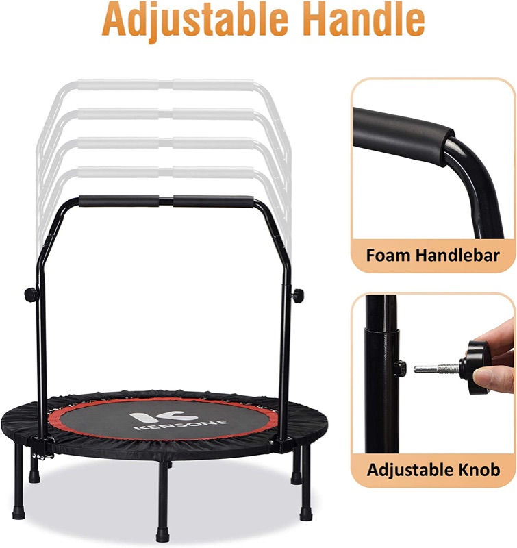 Photo 3 of KENSONE 40"/48" Foldable Mini Trampoline, Indoor Trampoline for Kids, Adults Indoor/Garden Workout, Fitness Rebounder with Adjustable Foam Handle, Max Load 330/450 lbs 40 inch black