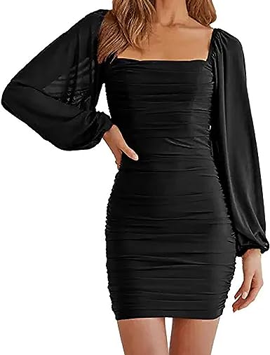 Photo 1 of Awear Women Dress Long Sleeve Bodycon Dress Square Neck Cocktail Party Dress Ruffle Mesh Slim Dress Solid Color (M/L)
