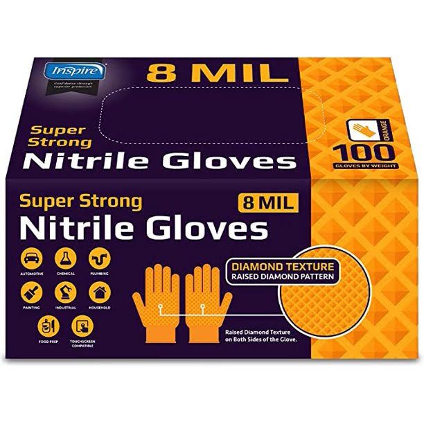 Photo 1 of Inspire Heavy Duty Orange Nitrile Disposable Gloves Ultra 8 Mil Diamond Textured Grip
