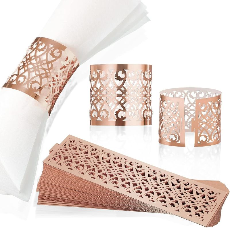 Photo 1 of 150 Pcs Napkin Rings Laser Cut Hollow Paper Napkin Holder Disposable Napkin Bands for Towel Dinner Table Settings Decor Wedding Party Events Hotel Catering Services (Rose Gold, Classic Style)
