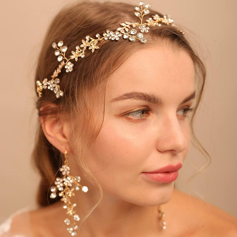 Photo 1 of BERYUAN Bridal Floral Rhinestone Headband Earring Set Gold Wedding Accessories Gold Flower Leaf Hair Vine Earring Set for Wedding Girls Women Gold Handmade Headband Earring Set
