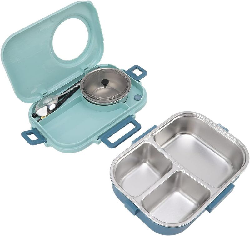 Photo 1 of Bento Box, 1100ml Grid Design Thermal Lunch Box Double Layer for Home to Office for Picnic Blue
