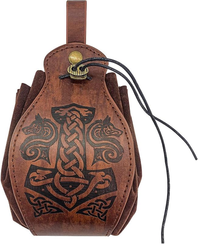 Photo 1 of Popeoiuh Medieval Leather Belt Pouch for Men Women Portable Drawstring Steampunk Waist Bag Pack Brown Vintage Embossed Belt Pouches Dice Purse LARP Halloween Viking Cosplay Costume Accessories
