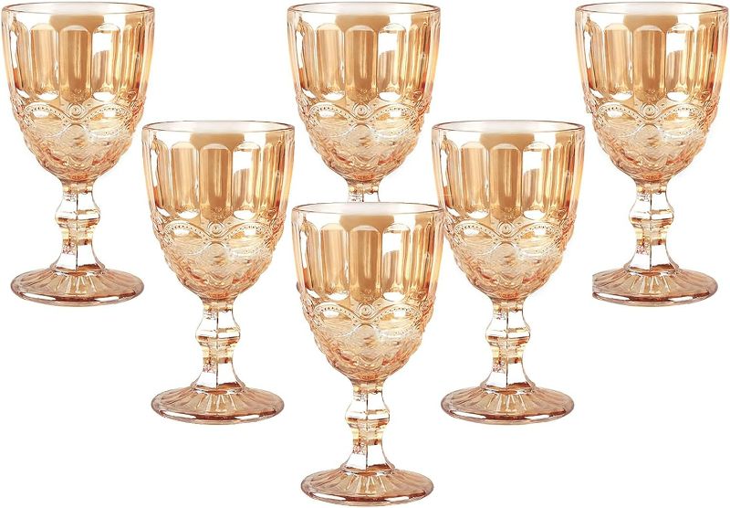 Photo 1 of Vintage Wine Glasses Set of 6, 10 Ounces Colored Glass Water Goblets, Unique Embossed Pattern High Clear Stemmed Glassware Wedding Party Bar Drinking Cups Floral Golden Amber
