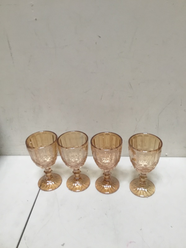 Photo 3 of Vintage Wine Glasses Set of 6, 10 Ounces Colored Glass Water Goblets, Unique Embossed Pattern High Clear Stemmed Glassware Wedding Party Bar Drinking Cups Floral Golden Amber
