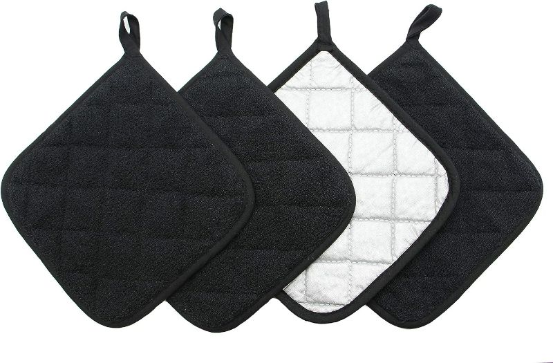 Photo 1 of Cotton Pot Holders Cotton Made Machine Washable Heat Resistant Everyday Kitchen Basic Terry Pot Holder, Hot Pads, Trivet for Cooking and Baking Set of 4 (Black)
