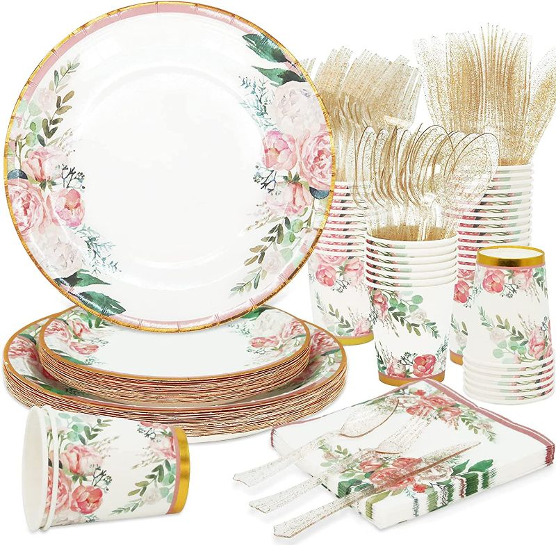 Photo 1 of Floral Paper Plates and Napkins Party Supplies - Serves 16 - Flower Plates Floral Party Cups Knifes Forks Floral Baby Shower Decorations for Girl Pink and Gold Bridal Shower Tea Party Birthday
