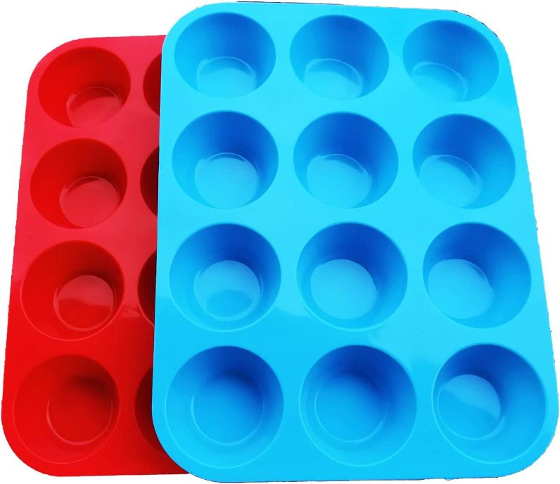 Photo 1 of JEWOSTER Non-Sticky Silicone Muffin Pan—Muffin Molder for Muffins and Cupcakes—Cupcake silicone molder—Baking Accessory—12 X Muffin Molders (12-Red+Blue)
