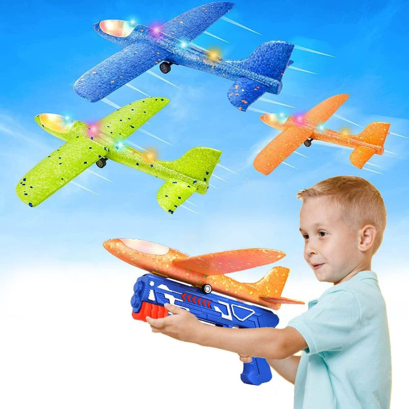 Photo 1 of 3 Pack Airplane Launcher Toy, 12.6 inch Foam Glider with LED Catapult Plane and 2 Flight Modes, Outdoor Children Flying Sport Toys
