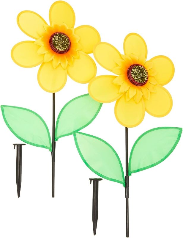 Photo 1 of Okuna Outpost Sunflower Pinwheels for Yard and Garden, Yellow Wind Spinners (12x24 in, 2 Pack)
