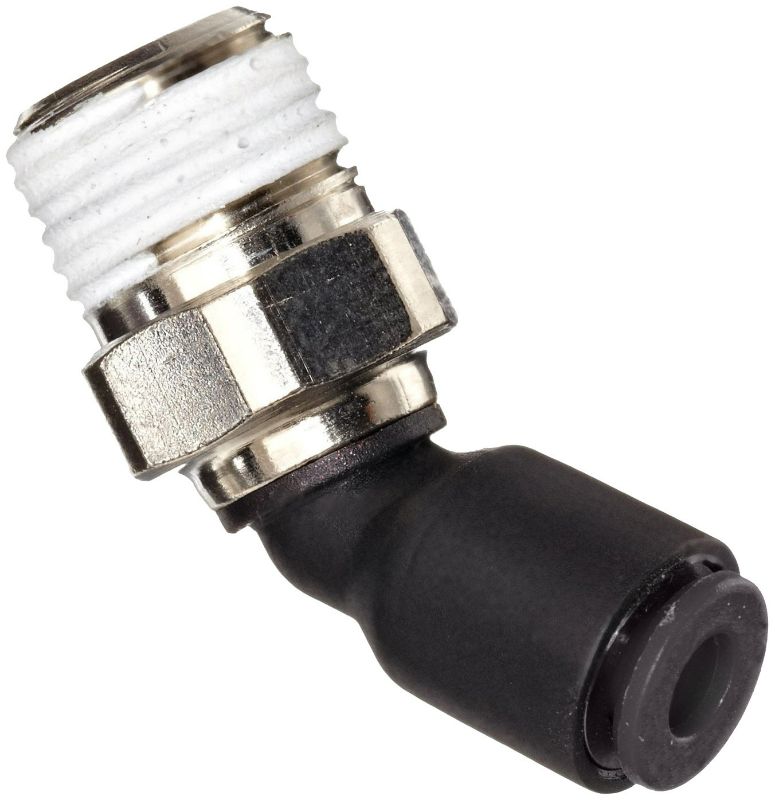 Photo 1 of 2 Piece Legris 3113 56 14 Nylon & Nickel-Plated Brass Push-to-Connect Fitting, 45 Degree Elbow, 1/4" Tube OD x 1/4" NPT Male
