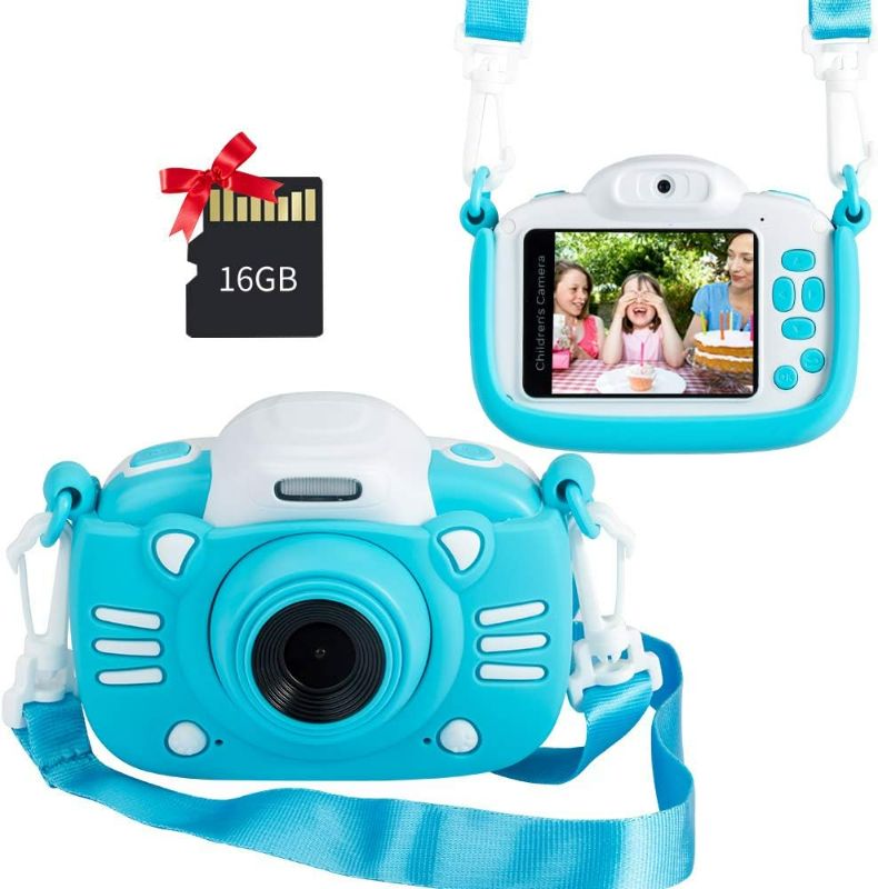 Photo 1 of MINIBEAR Kids Digital Camera, 2.4 Inch Kids Video Camera for Girls Boys Gifts Toddler Toy Camera 30MP Mini Kids Camcorder with Games and 16GB SD Card, Blue
