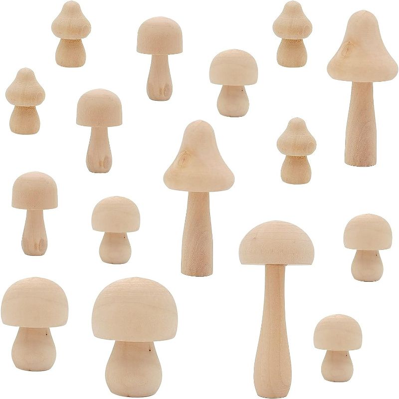 Photo 1 of 16 Pieces Natural Unfinished Wooden Mushrooms Set?Mini Unpainted Mushroom Figures Decor Ornament?Children's Arts and DIY Painting Crafts Various Sizes Easter Mushroom Projects Decoration Paint Color
