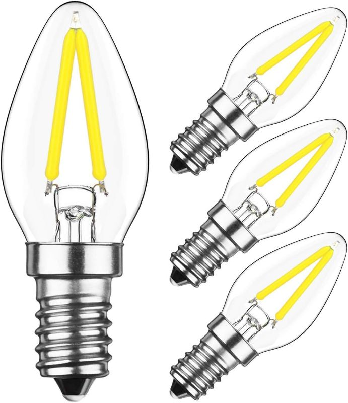 Photo 1 of EBD Lighting 2W E12 C7 Candelabra LED Light Bulbs(4 Pack) LED Filament Light Bulbs 20W Equivalent 6000K Daylight White Clear Glass C7 Mini Candle Torpedo Shape,Night Light Bulbs E12 Small Edison Screw
