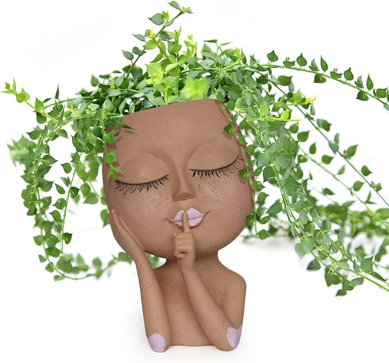 Photo 1 of MIWOGA Face Planter Pots Head, Cute Resin Face Planters for Indoor Outdoor Plants, Funny Head Plant Pot Face Vase for Home Garden Succulents Cactus (Brown)
