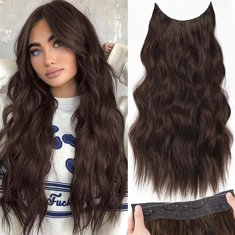 Photo 1 of KooKaStyle Invisible Wire Hair Extensions with Transparent Headband Adjustable Size 4 Secure Clips Long Wavy Secret Wire Hairpiece 24 Inch Chocolate Brown for Women
