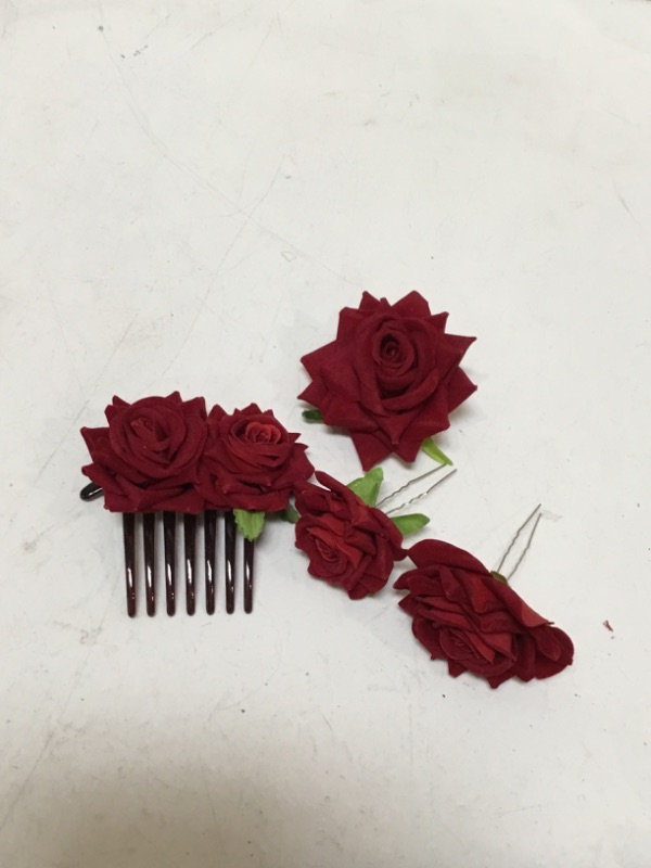 Photo 2 of 4 Pieces Rose Hairpin Hair Clip Bridal Rose Brooch Wedding Floral Clips Women Flower Hair Accessories for Woman Girl Party Wedding