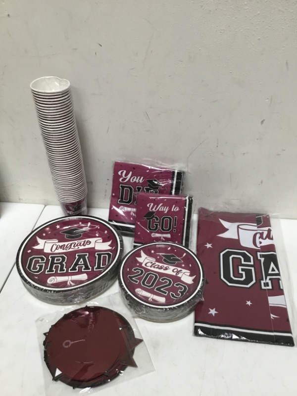 Photo 1 of Maroon Graduation Party Decorations 2023, Graduation Party Plates and Napkins Cups Banner Burgundy Grad Party Supplies Disposable Graduation Party Favors, Serves 24