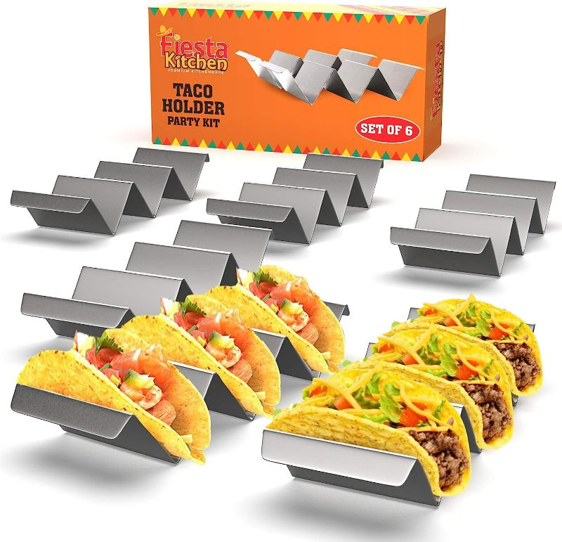 Photo 1 of Fiesta Kitchen Taco Holder Stand - Set of 6 - Oven & Grill Safe Stainless Steel Taco Racks With Handles - Fill & Serve Tacos With Ease - Taco Stand Trays
