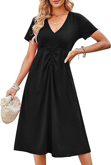 Photo 1 of ZAFUL Women's Casual Dress Short Sleeve Knee Length Dress V Neck Waist Pleated Loose Plain Summer Dresses
