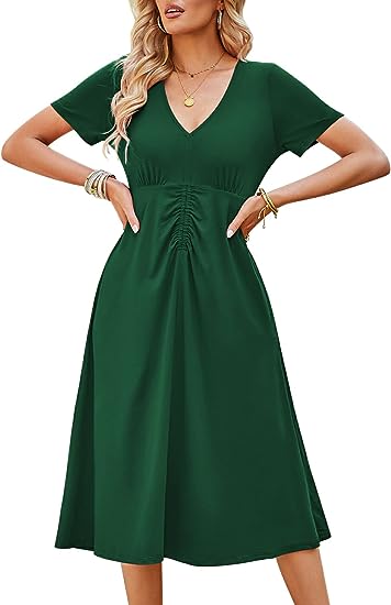 Photo 1 of ZAFUL Women's Casual Dress Short Sleeve Knee Length Dress V Neck Waist Pleated Loose Plain Summer Dresses (Large)
