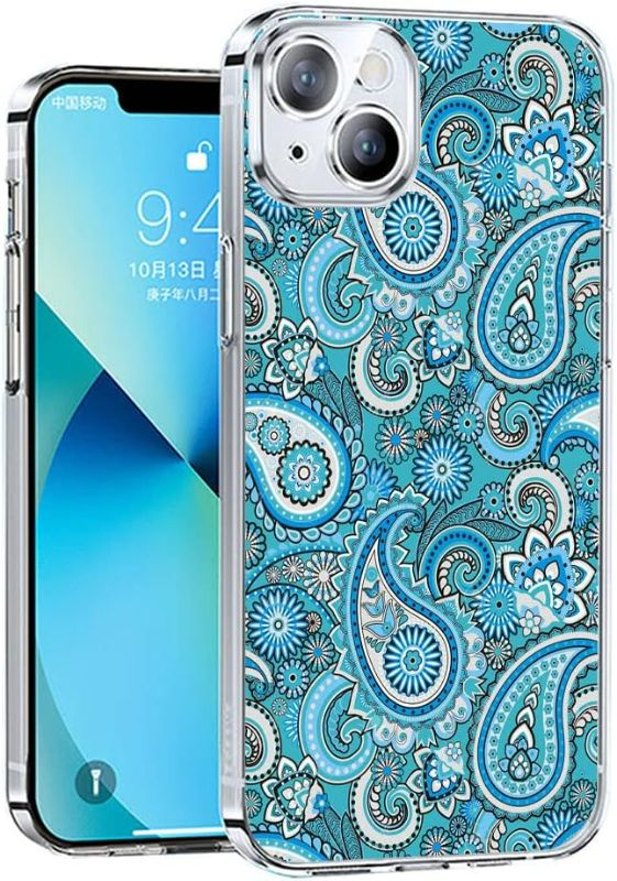 Photo 1 of KANKENLU Abstract Floral Blue Paisley Art Pattern Clear Phone Case Compatible with iPhone 14,Aesthetic Case for Women Girls,Trendy Design TPU Bumper Case Support Wireless Charging
