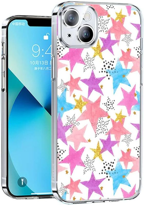 Photo 1 of KANKENLU Abstract Doddle Blue and Pink Stars Pattern Clear Phone Case Compatible with iPhone 14,Aesthetic Case for Women Girls,Trendy Design TPU Bumper Case Support Wireless Charging
