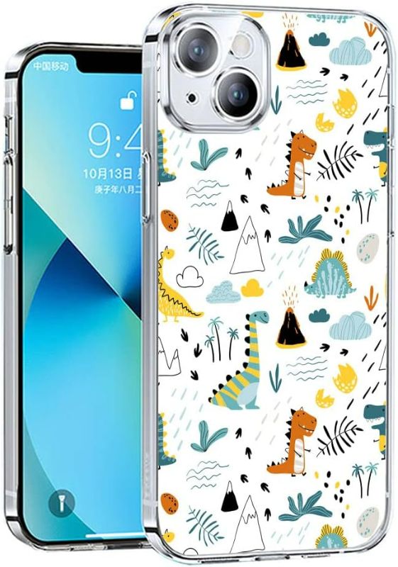 Photo 1 of KANKENLU Aesthetic Cute Dinosaur Abstract Volcanoes Palm Trees Pattern Clear Phone Case Compatible with iPhone 14,Trendy Design TPU Bumper Case Support Wireless Charging
