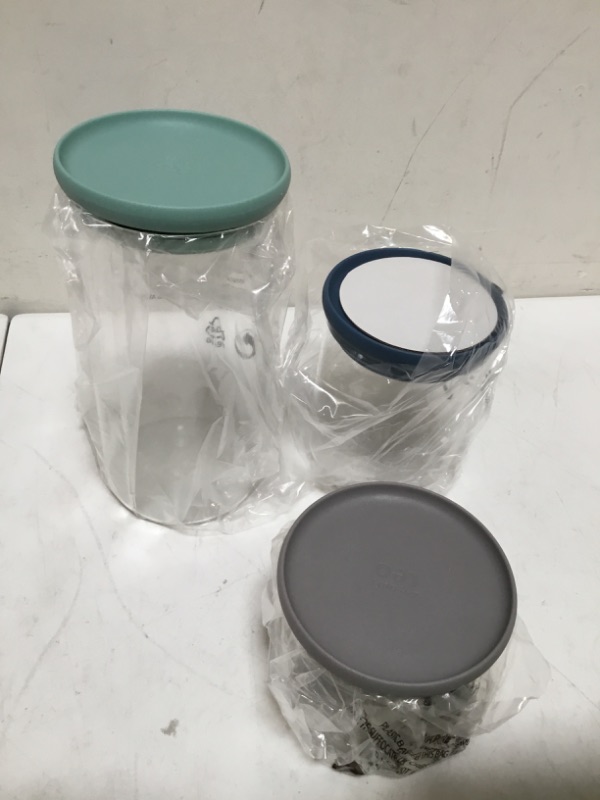 Photo 3 of  6Pc Food Storage Containers Set Glass Body And Measuring Spoon Round Blue Green Grey Airtight Lids Leakproof us:one size Multi