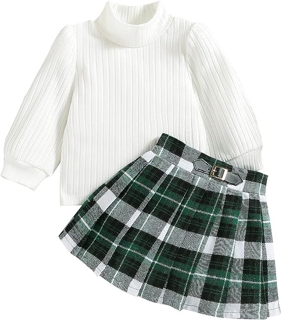 Photo 1 of  Baby Outfit Toddler Girls Long Sleeve Ribbed T Shirt Tops Plaid Prints Skirt Outfits (2T-3T)