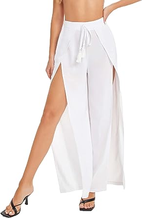 Photo 1 of WDIRARA Women's Split Elastic Waist Wide Leg Tie Front Wrap Long Pants White M