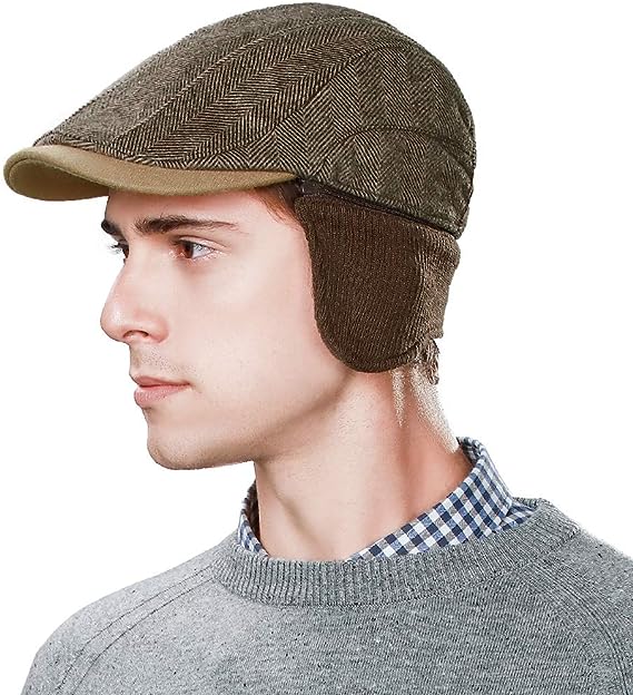 Photo 1 of Jeff & Aimy Winter Flannel Wool Blend Irish Ivy Flat Newsboy Cap with Ear Flaps for Men Driver Hat 56-60CM
