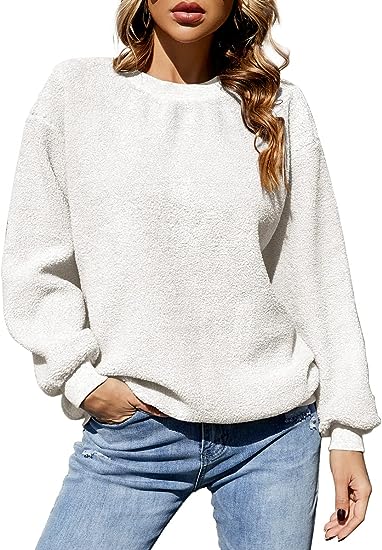 Photo 1 of Chuanqi Womens Crewneck Fuzzy Sweatshirt Fleece Sherpa Pullover Long Sleeve Casual Fluffy Winter Warm Coat Tops White