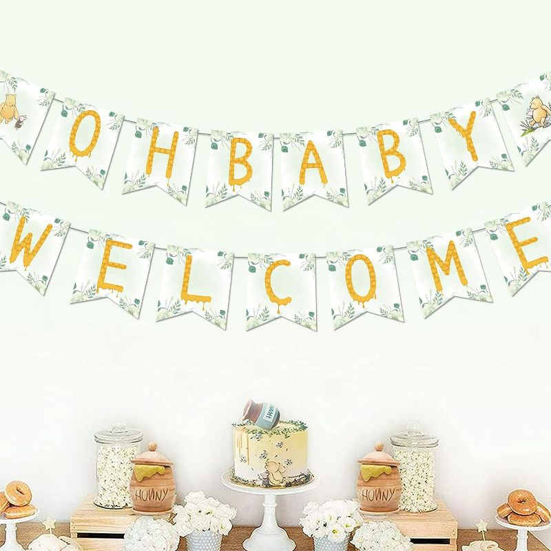 Photo 1 of AURORAPARTY Vintage Winnie Bear Baby Shower Banner Green Pooh OH BABY WELCOME Winnie Banner 1st Birthday Party Decorations Cute Winnie Birthday Party Banner