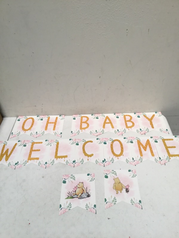 Photo 3 of AURORAPARTY Vintage Winnie Bear Baby Shower Banner Green Pooh OH BABY WELCOME Winnie Banner 1st Birthday Party Decorations Cute Winnie Birthday Party Banner